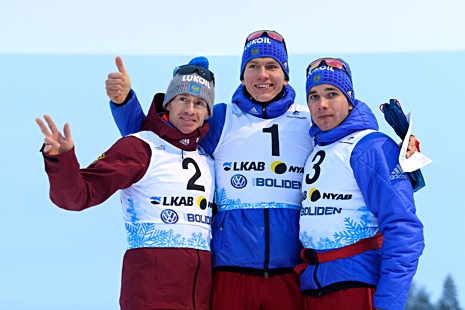Trippel Ryssland. Tvåan Vylegshanin, ettan Bolshunov och trean Chervotkin. FOTO: Carl Sandin/Bildbyrån.