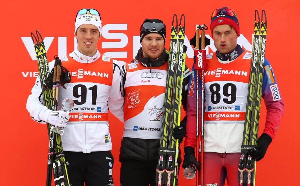Calle Halfvarsson (SWE), Dario Cologna (SUI) och Petter Northug (NOR) under Tour de Ski för tio år sedan, säsongen 2014/2015