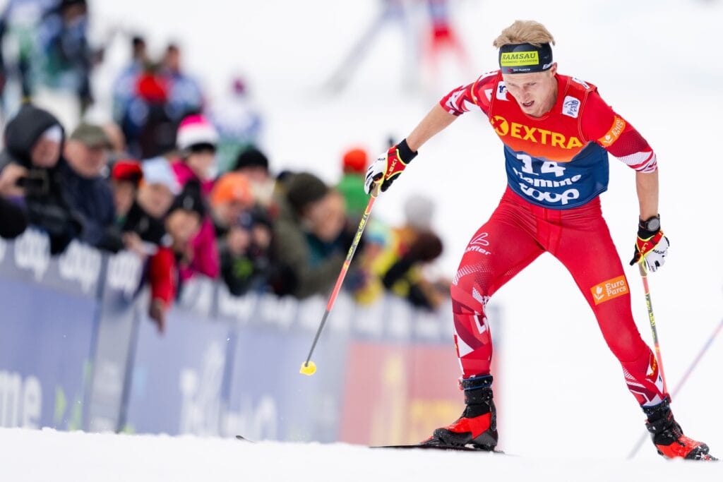 Mika Vermeulen på väg upp för Alpe Cermis i Val di Fiemme under förra säsongens upplaga av Tour de Ski